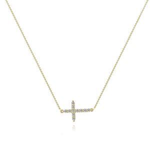 18K Gold Plated Women's Side Cross Cubic Zirconia Necklace Waterproof Jewelry